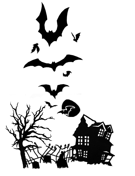 Black Ink Halloween House With Flying Bats Tattoo Stencil
