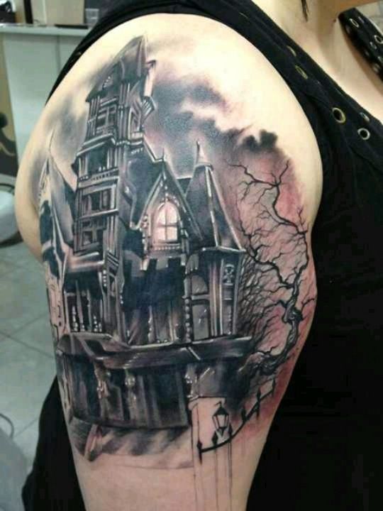 Black Ink Halloween House With Tree Tattoo On Right Shoulder
