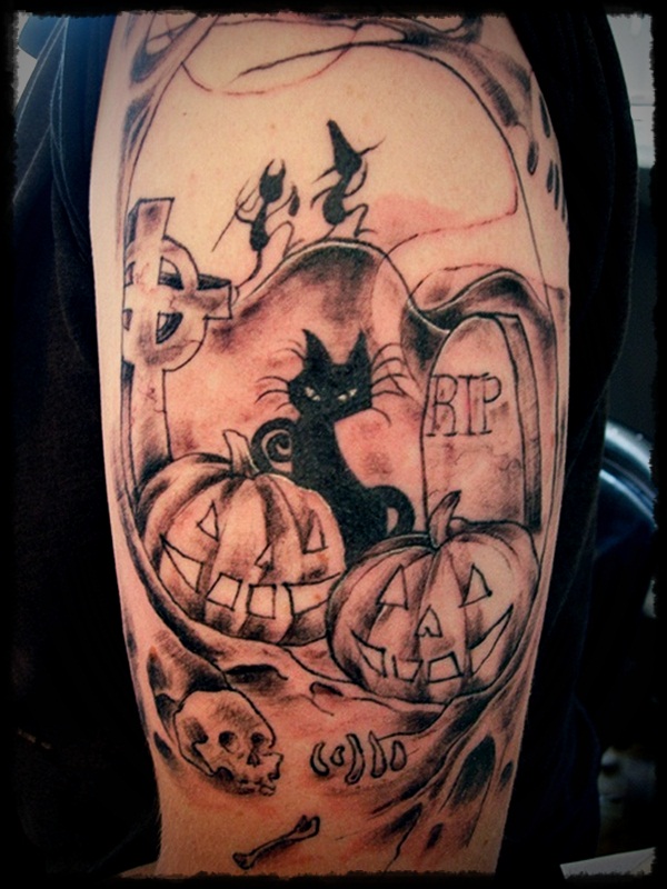 Black Ink Halloween Pumpkin With Cat Tattoo On Left Half Sleeve