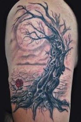 Black Ink Halloween Tree Tattoo Design For Half Sleeve