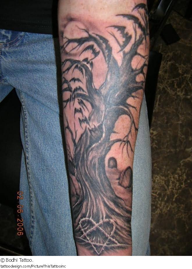 Black Ink Halloween Tree With Bats Tattoo Design For Sleeve