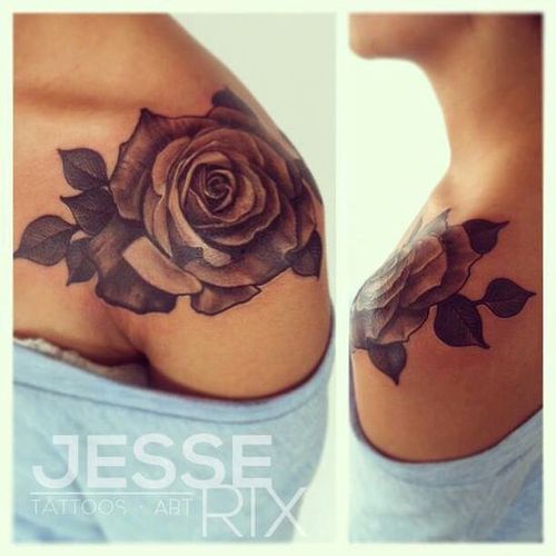 Black Ink Realistic Floral Tattoo Design For Shoulder