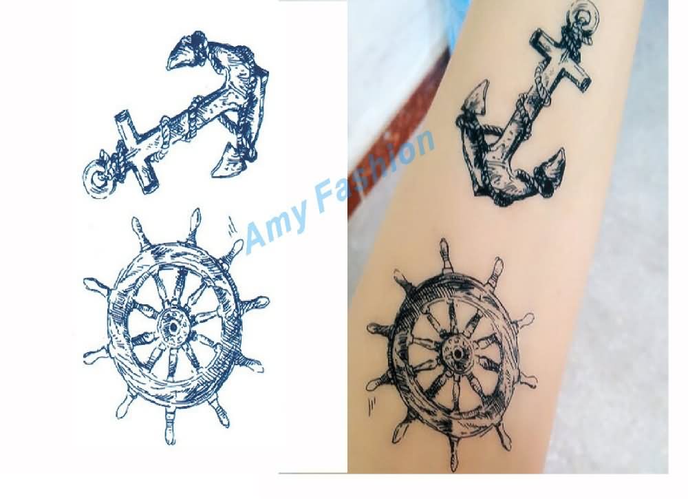 Black Ink Sailor Anchor And Wheel Tattoo Design For Forearm