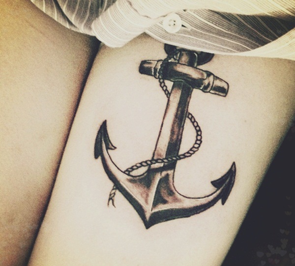 Black Ink Sailor Anchor Tattoo Design For Thigh