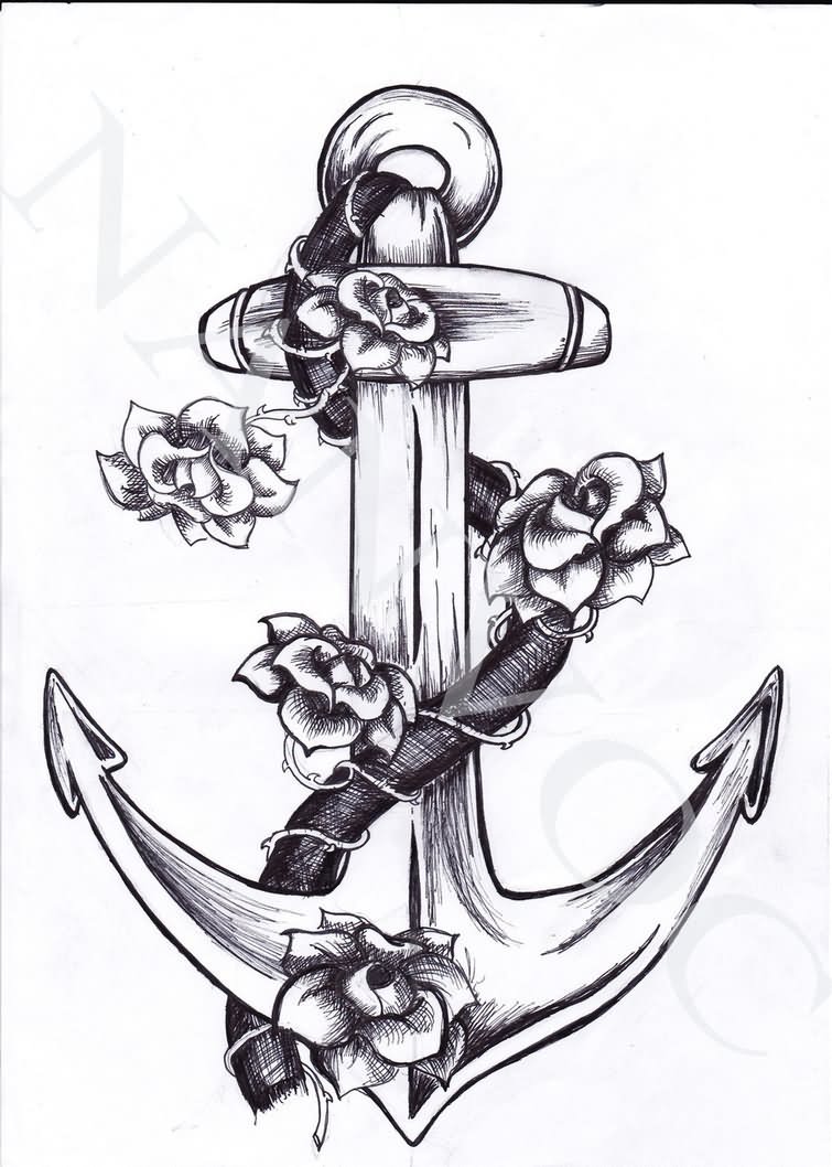 Black Ink Sailor Anchor With Flowers Tattoo Design