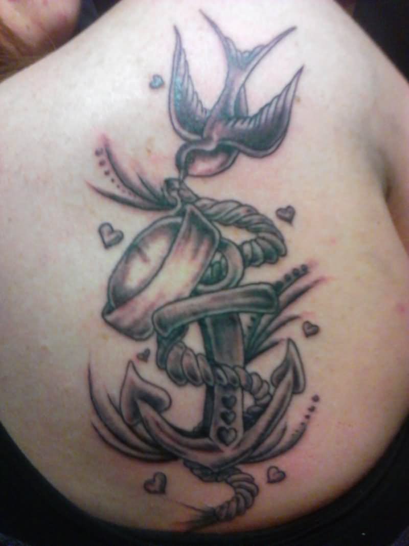 Black Ink Sailor Anchor With Flying Bird Tattoo Design