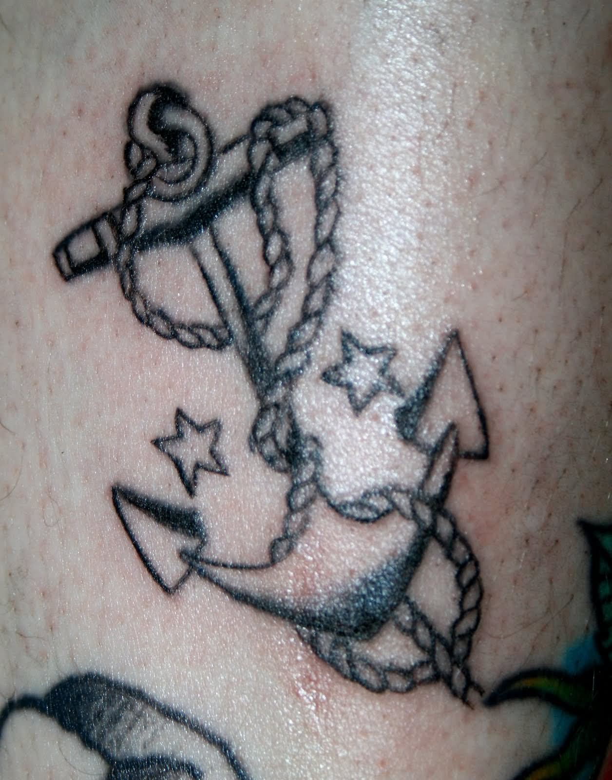 Black Ink Sailor Anchor With Stars Tattoo Design
