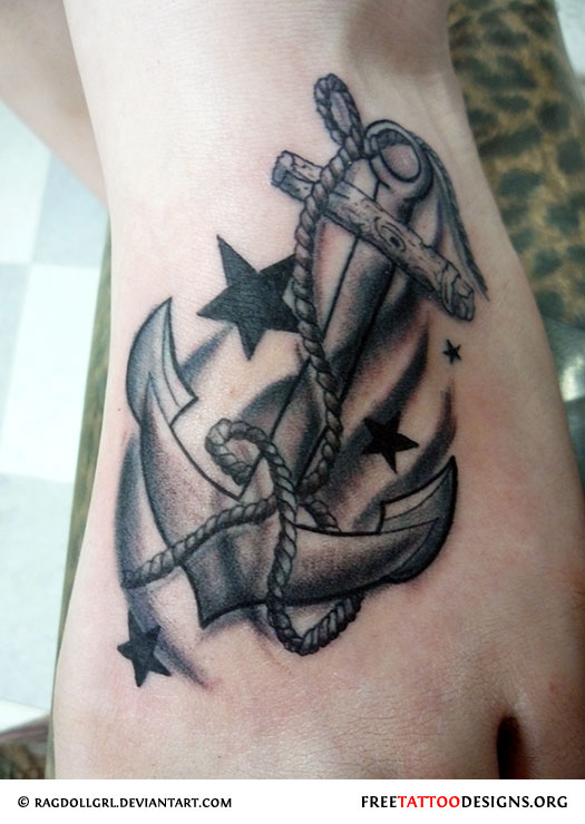 Black Ink Sailor Anchor With Stars Tattoo On Foot
