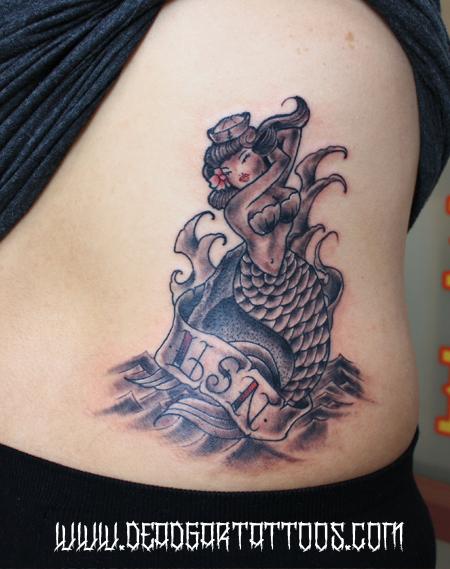 Black Ink Sailor Mermaid With Banner Tattoo Design For Side Rib