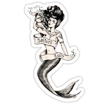 Black Ink Sailor Mermaid With Banner Tattoo Design