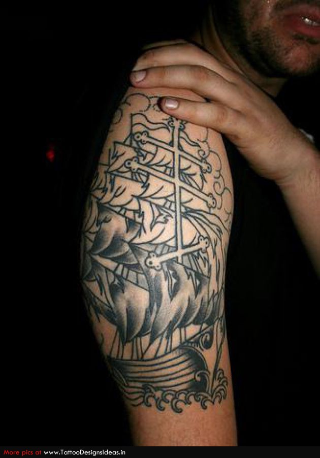 Black Ink Sailor Sheep Tattoo On Man Right Half Sleeve