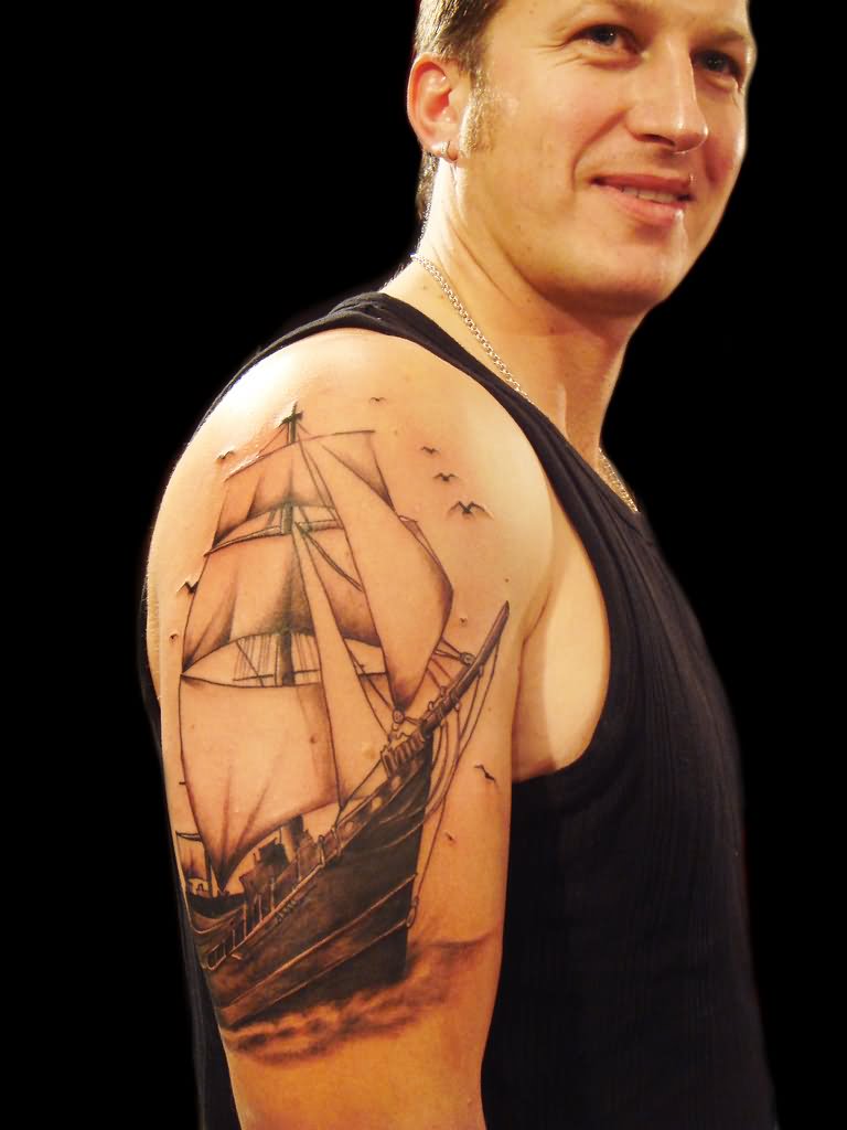 Black Ink Sailor Ship Tattoo On Man Right Half Sleeve