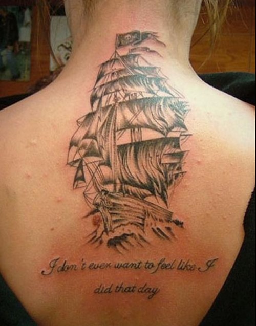 Black Ink Sailor Ship Tattoo On Upper Back