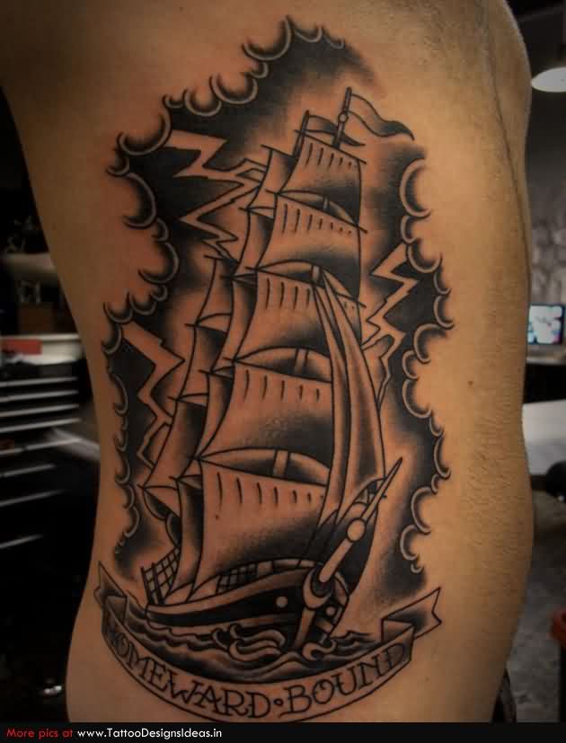 Black Ink Sailor Ship With Banner Tattoo On Man Side Rib