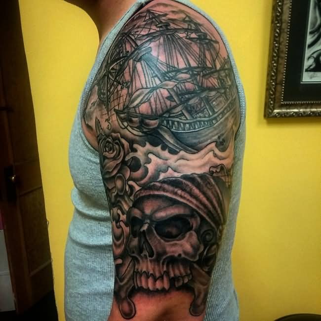Black Ink Sailor Ship With Skull Tattoo On Left Half Sleeve