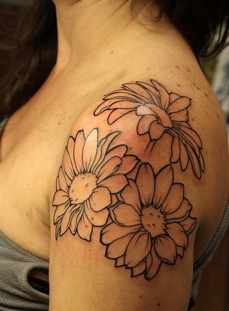 Black Outline Floral Tattoo On Girl Left Shoulder