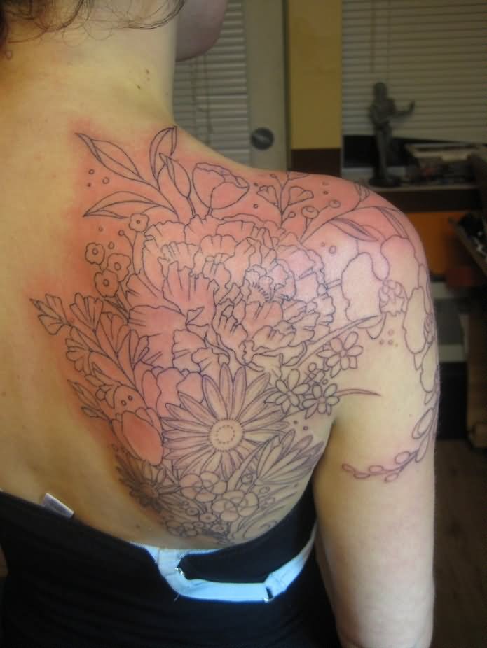 Black Outline Floral Tattoo On Girl Right Back Shoulder