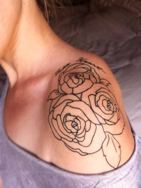 Black Outline Floral Tattoo On Left Shoulder