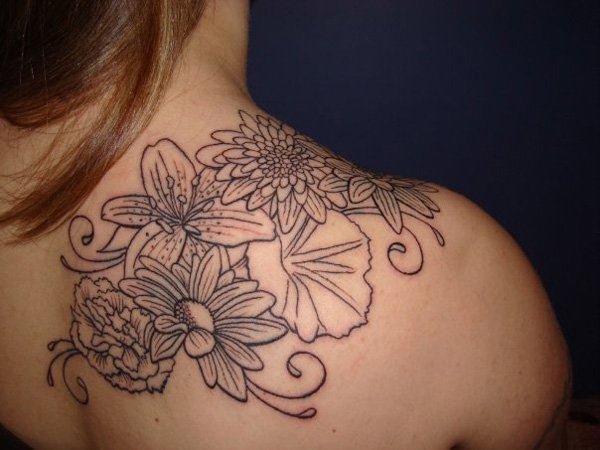 Black Outline Floral Tattoo On Right Back Shoulder