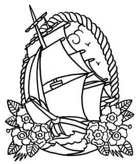 Black Outline Sailor Ship In Rope Frame With Flowers Tattoo Stencil