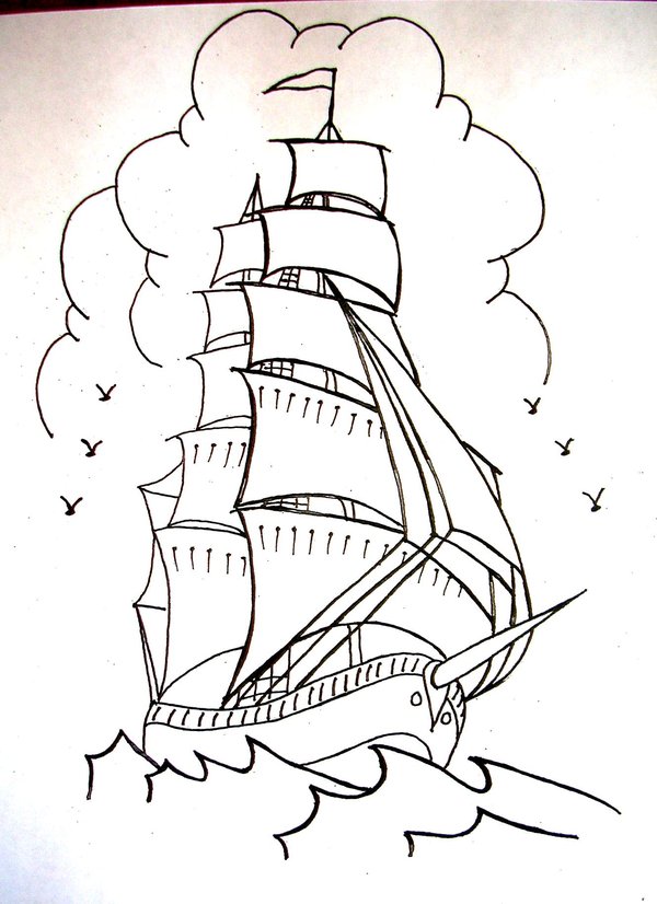 Black Outline Sailor Ship Tattoo Stencil By Carissa