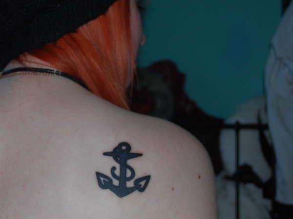 Black Sailor Anchor Tattoo On Girl Right Back Shoulder