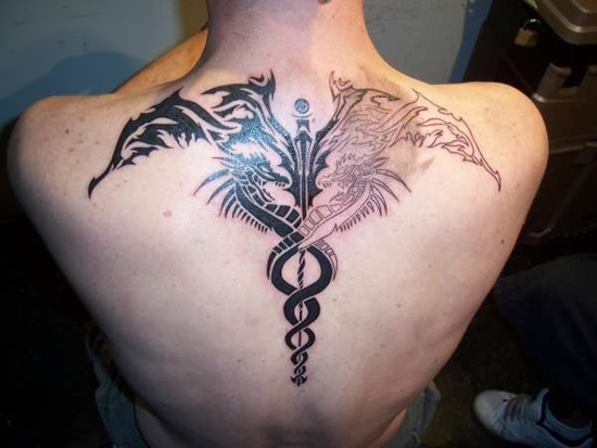 Black Tribal Dragon Medical Symbol Tattoo On Upper Back