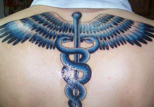 Blue And Black Medical Symbol Tattoo Design For Men Upper Back