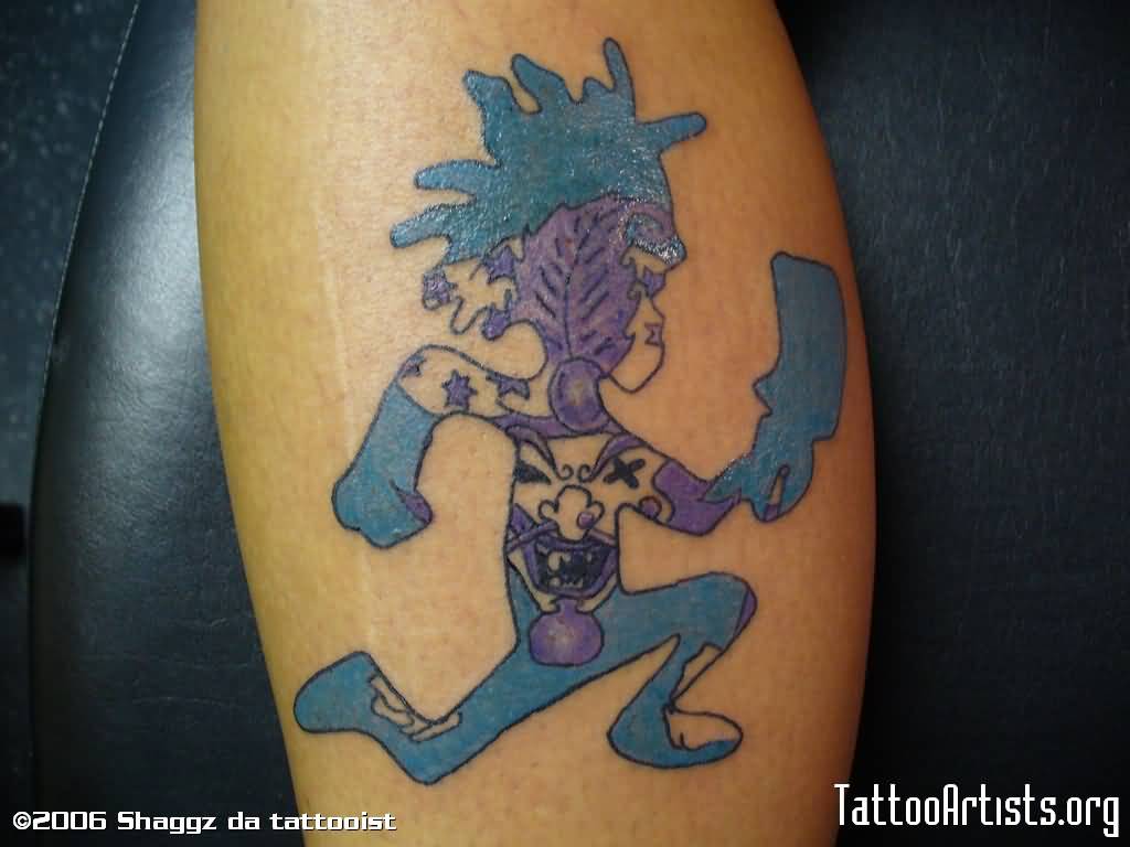 Blue And Purple Ink Juggalo Tattoo On Leg