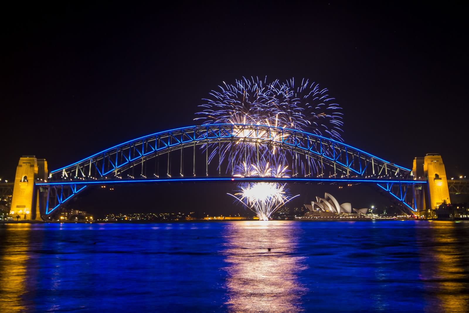 Blue Fireworks Over The Sydney Harbour Bridge