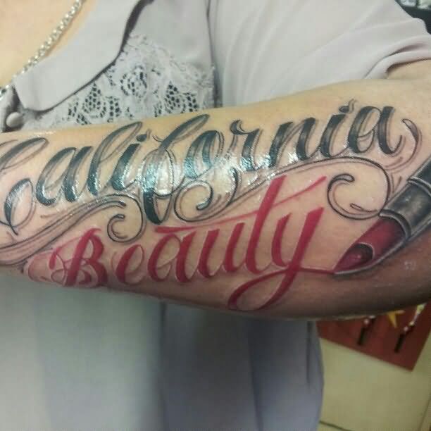 California Beauty Lipstick Tattoo On Left Arm