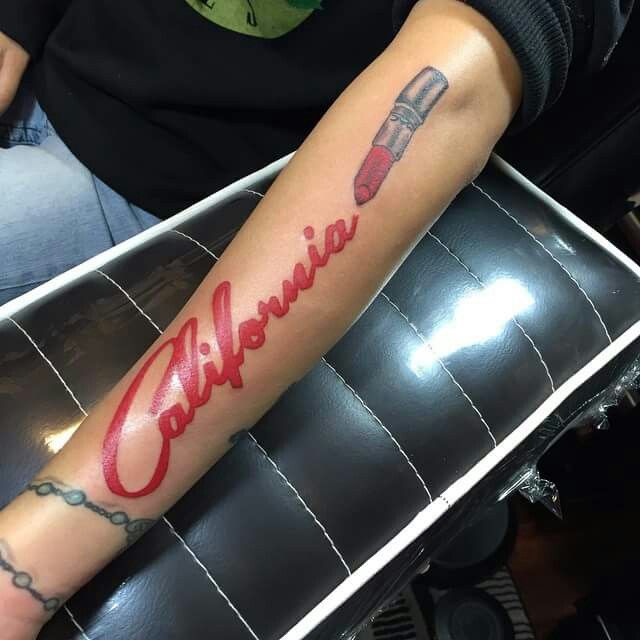 California Lipstick Tattoo On Left Arm