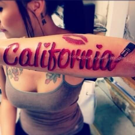 California Word And Lipstick Tattoo On Girl Left Arm