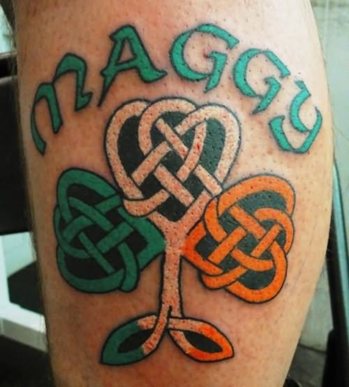 Celtic Clover Leaf  And Leprechaun Tattoo On Leg
