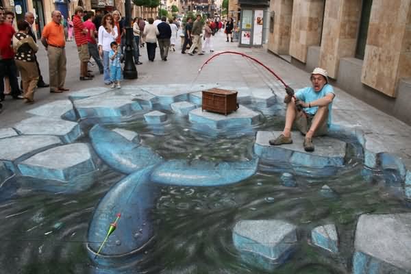 Chalk Drawing Optical Illusion Fishing Picture