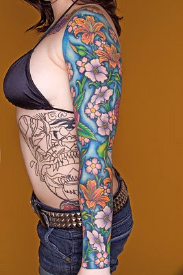 Classic Colorful Floral Tattoo On Girl Left Full Sleeve