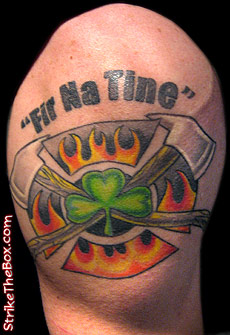 Clover Leaf With Two Crossing Firefighter Axe Tattoo Design For Shoulder