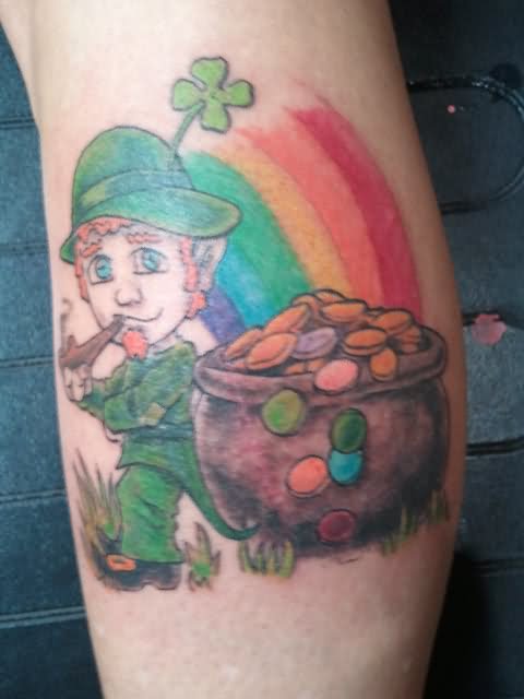 Color Coins And Leprechaun Tattoo On Leg