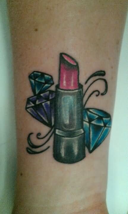 Color Diamonds And Lipstick Tattoo On Forearm