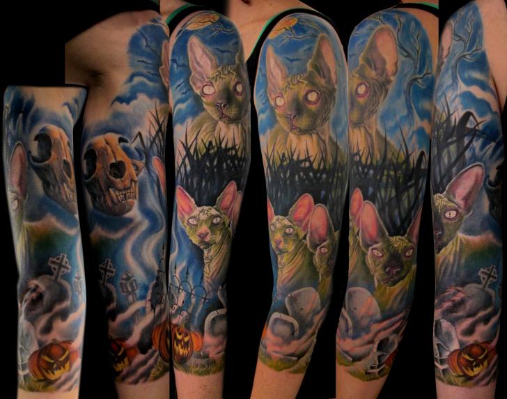 Color Ink Fantasy Cat Tattoo On Sleeve by Stefano Alcantara