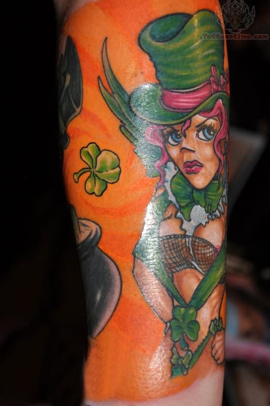 Color Ink Leprechaun Lady Tattoo On Arm