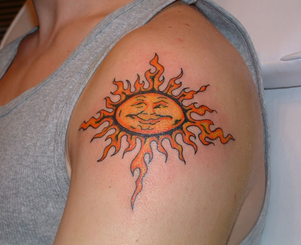 Color Tribal Sun Tattoo On Left Shoulder