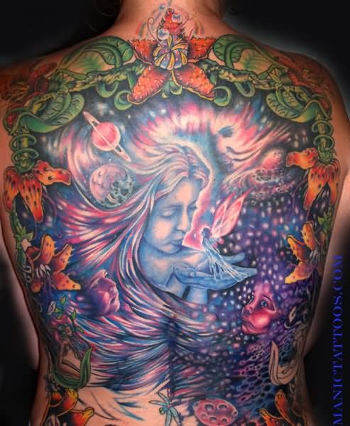 Colored Fantasy Fairy Tattoo On Full Back