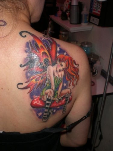 Colored Fantasy Fairy Tattoo On Right Back Shoulder