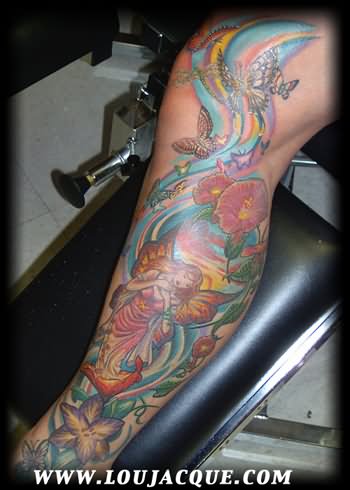 Colored Fantasy Flower Tattoos On Leg