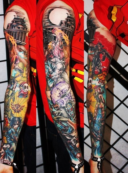 Colored Fantasy Tattoo On Full Sleeve