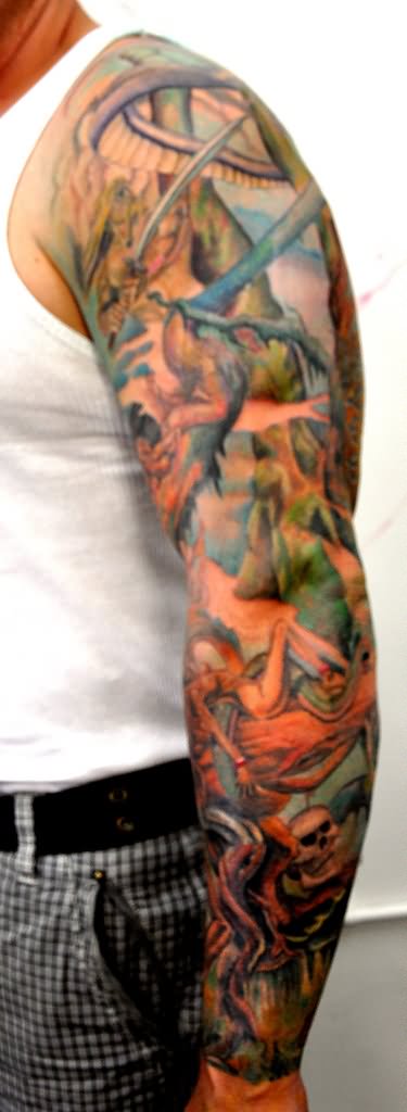 Colored Fantasy Tattoo On Man Left Sleeve