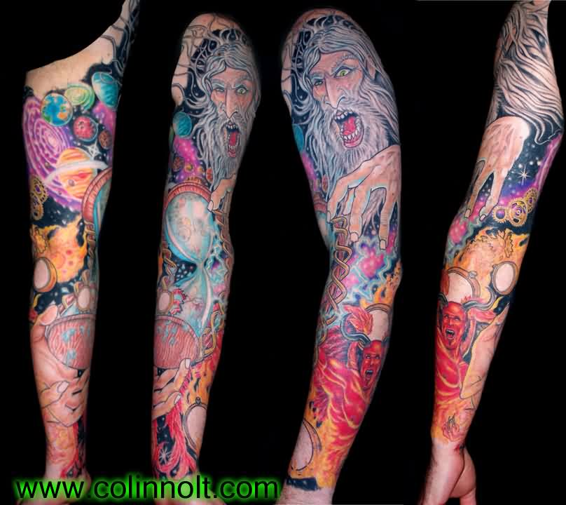 Colored Fantasy Tattoo On Sleeve