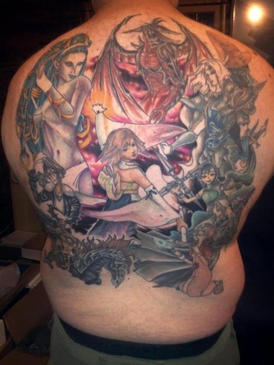 Colored Final Fantasy Tattoo On Back Body