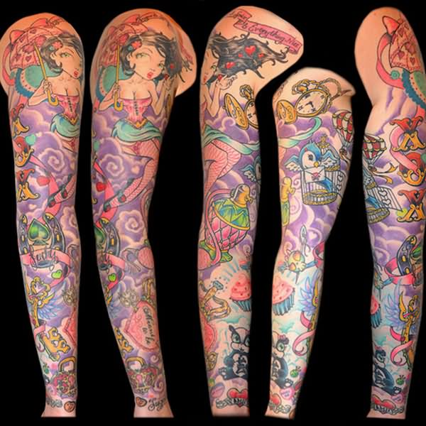 Colored Sleeve Fantasy Tattoo For Girls